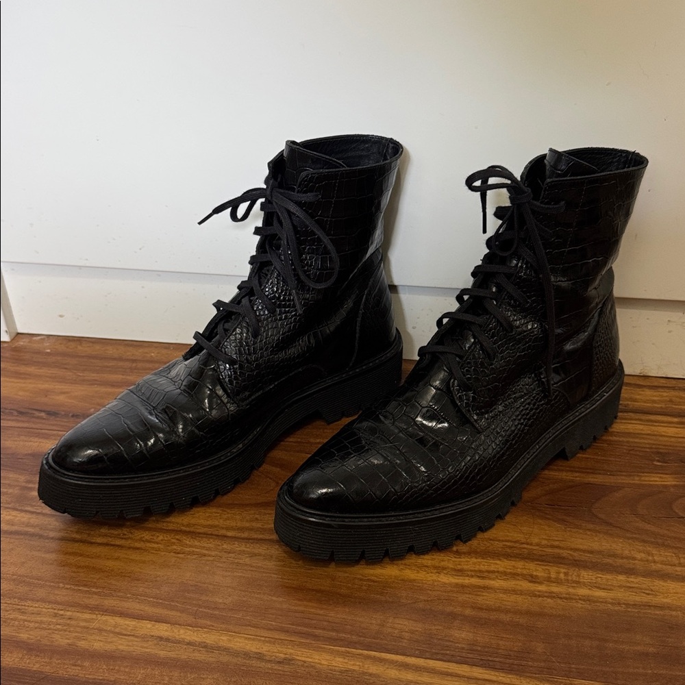 Freda Salvador Emi Crocodile Embossed Platform Booties Black 8